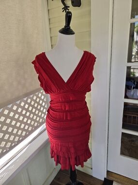 Max Studio Red V-Neck Ruched Midi Dress